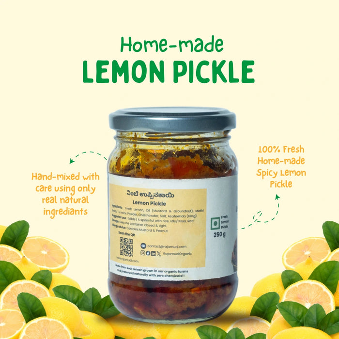 Rajamudi Organics Lemon Pickle 250g | Made with Organic Chilli & Turmeric | Traditional Taste | Rajamudi Organics