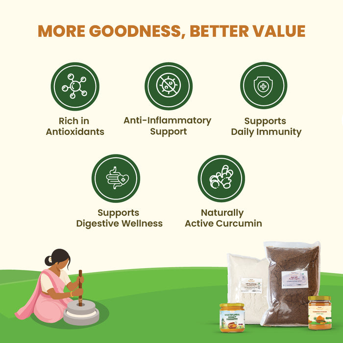 Rajamudi Organic Golden Goodness Combo - Jaggery Powder (1kg) + Java Wheat Flour (1kg) + Raw Honey (100ml) + Turmeric Powder (100g) | 100% Pure & Certified