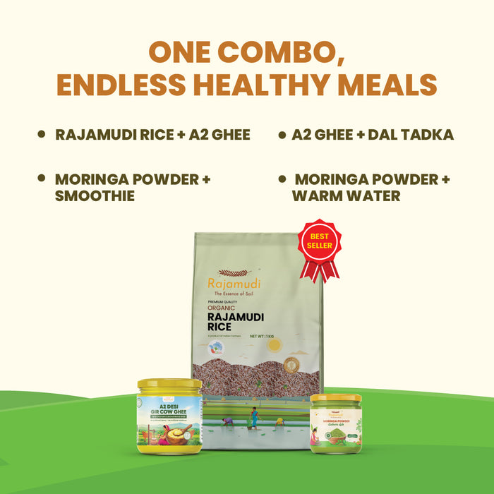 Rajamudi Native Goodness Combo - Organic Rajamudi Rice (1kg) + Desi Gir Cow Ghee A2 (250ml) + Organic Moringa Powder (100g) | 100% Pure & Certified
