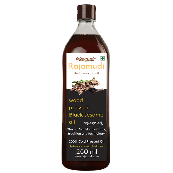 Rajamudi, rajamudi oils, wood pressed coils, rajamudi wood pressed oils, cooking oil, healthy cooking oil, cold pressed oil, vegan oil, sesame, black sesame, black sesame oil, rajamudi black sesame oil