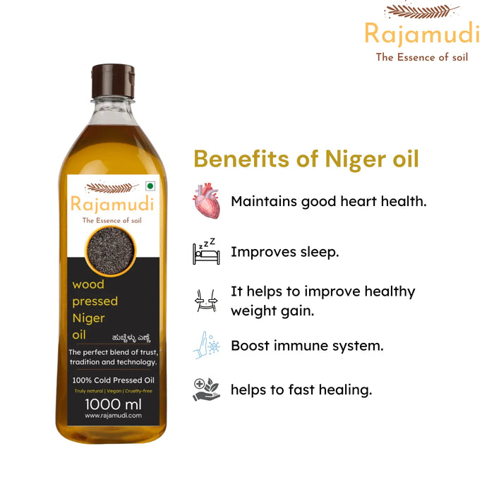 Rajamudi, rajamudi oils, wood pressed coils, rajamudi wood pressed oils, cooking oil, healthy cooking oil, cold pressed oil, vegan oil, wood pressed niger seed oil, niger seed, niger oil, rajamudi niger oil