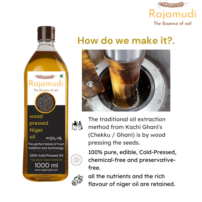 Rajamudi, rajamudi oils, wood pressed coils, rajamudi wood pressed oils, cooking oil, healthy cooking oil, cold pressed oil, vegan oil, wood pressed niger seed oil, niger seed, niger oil, rajamudi niger oil