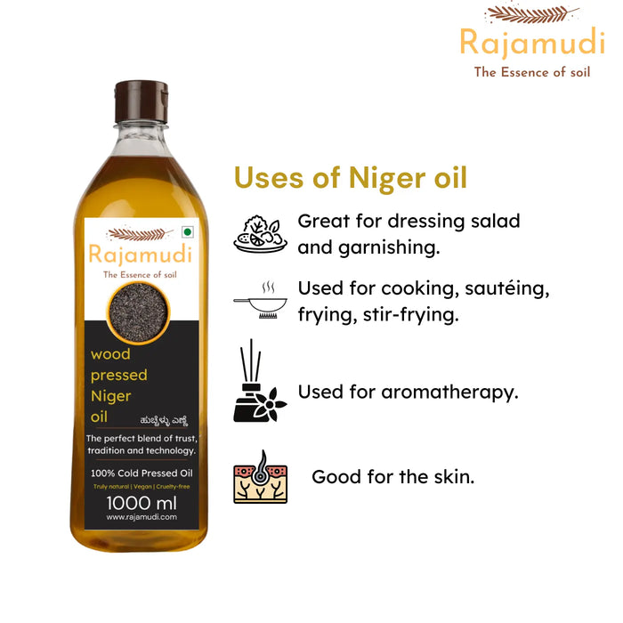 Rajamudi, rajamudi oils, wood pressed coils, rajamudi wood pressed oils, cooking oil, healthy cooking oil, cold pressed oil, vegan oil, wood pressed niger seed oil, niger seed, niger oil, rajamudi niger oil